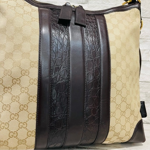 GUCCI Monogram Crocodile Web Medium Secret Hobo Dark Brown Leather Handbag - Picture 12 of 16